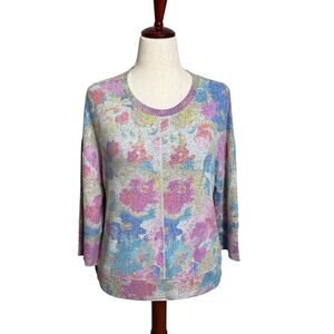 Habitat pullover sweater loose fit scoop neck 3/4 sleeve pastel floral print - L
